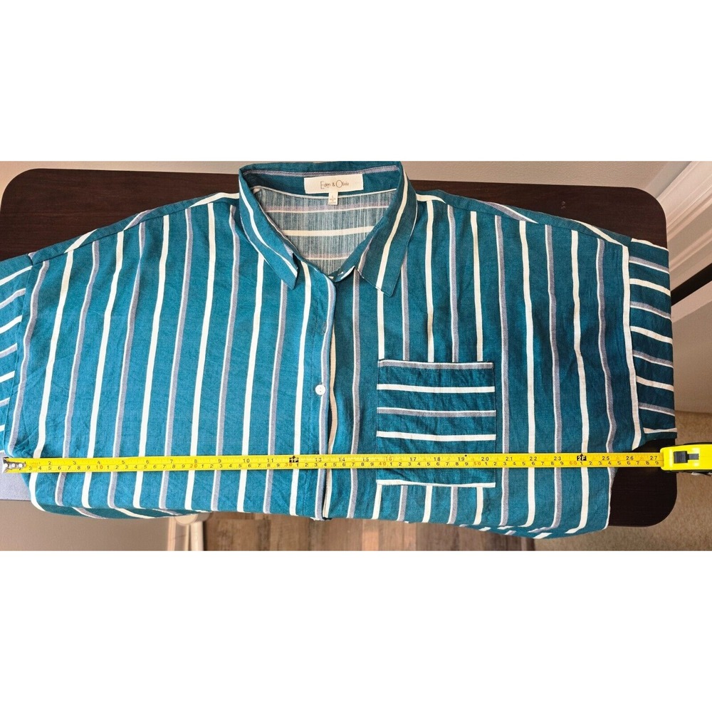 Eden‎ & Olivia Top Women's Turquoise White Stripped Button Down Roll Tab Sleeve - Picture 10 of 14